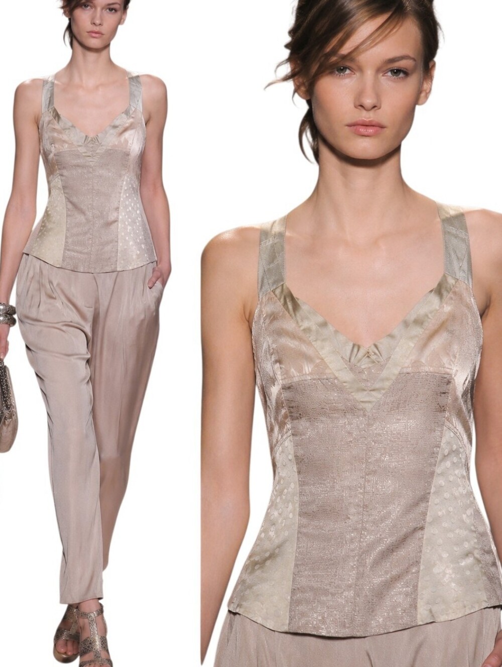 BCBGMAXAZRIA Runway Silk Tank Top Women Large Champagne Metallic Patchwork 2000s